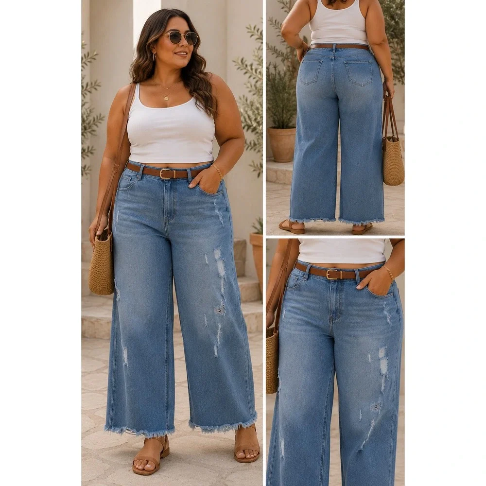 Flamingals Women 4XL Distressed Crop Jeans Blue Denim Raw Hem High Rise Stretch